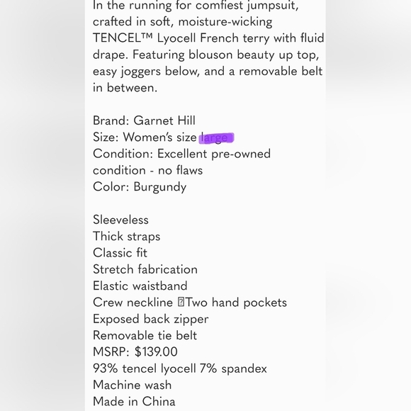 Garnet Hill Terry Knit Jogger Jumpsuit With Pockets Size Medium - Picture 7 of 9